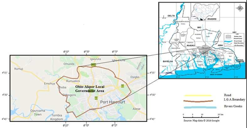 Map of Nigeria, Rivers State and Obio/Akpor Local Government Area.